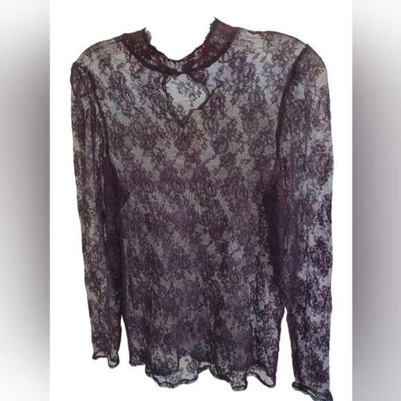 Boutique No tag Tops - Lace High Neck Blouse Top Pearl Buttons See Thru No tags Burgundy Blk Auction